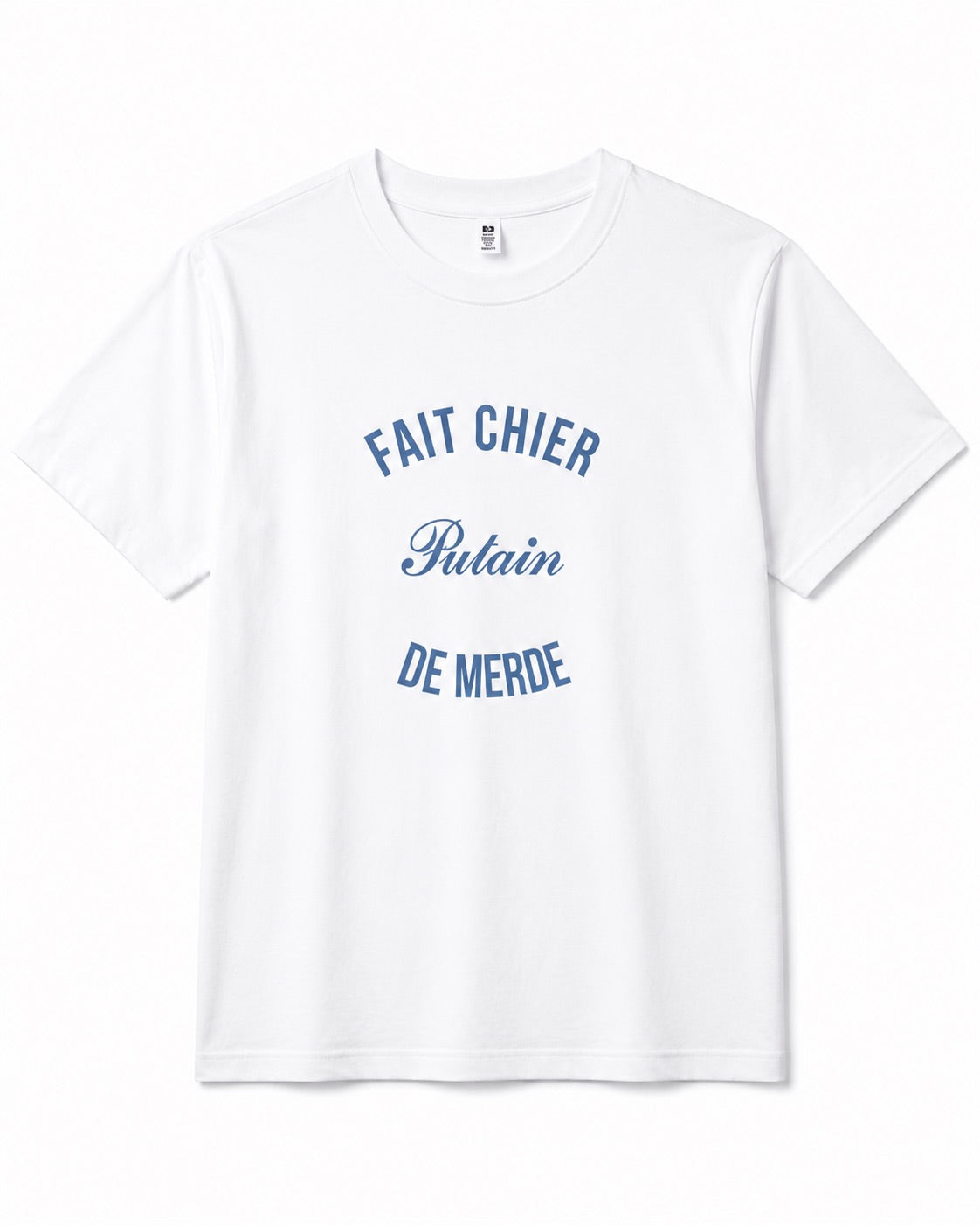 White t-shirt with blue text on a white background
