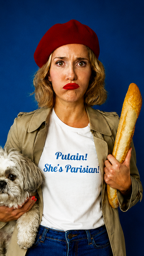 Person wearing a white t-shirt with text, holding a baguette and a small dog, against a blue background.
